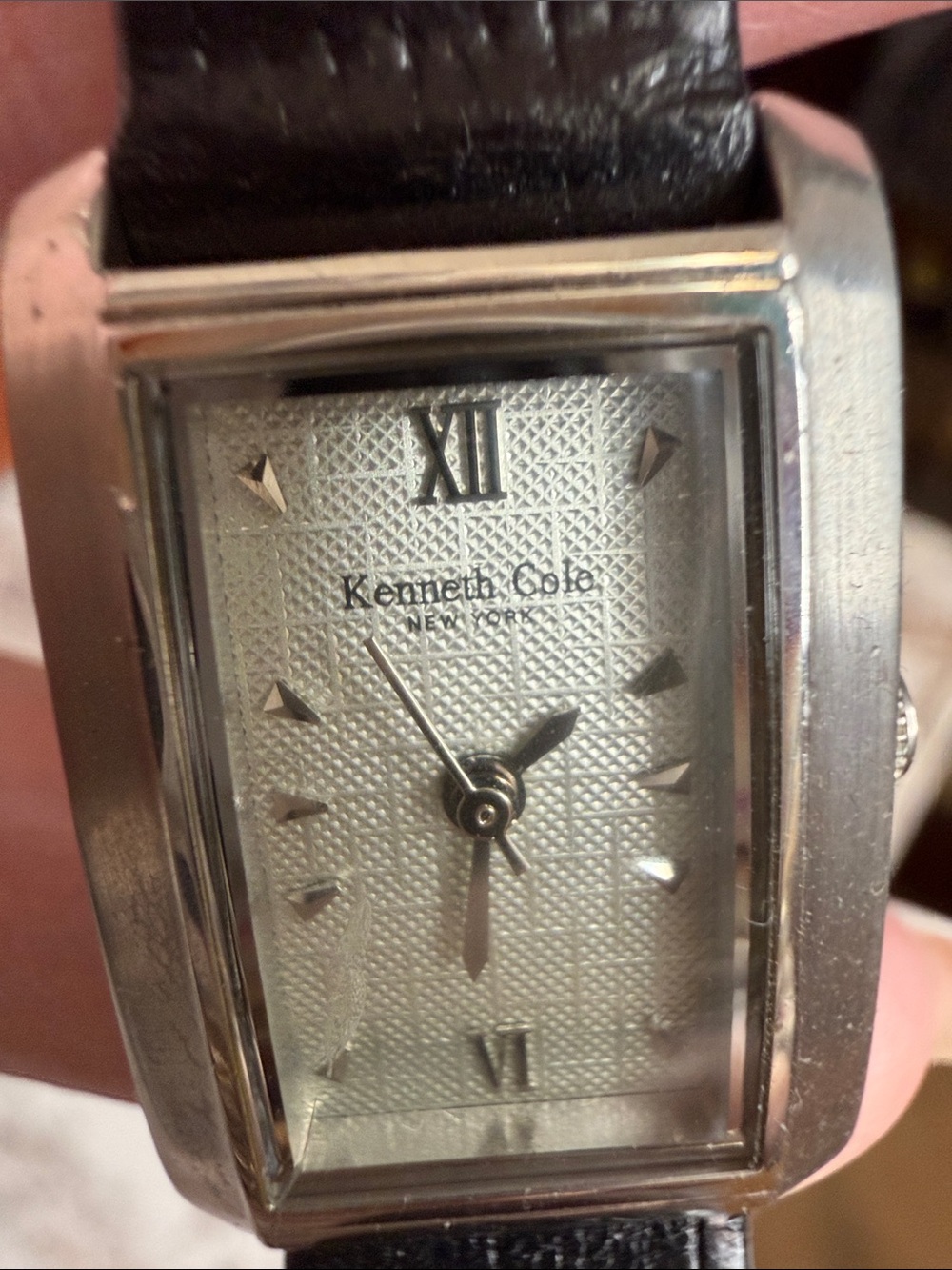 Kenneth Cole Silver Textured Dial Men’s Rectangular Watch with Black Strap